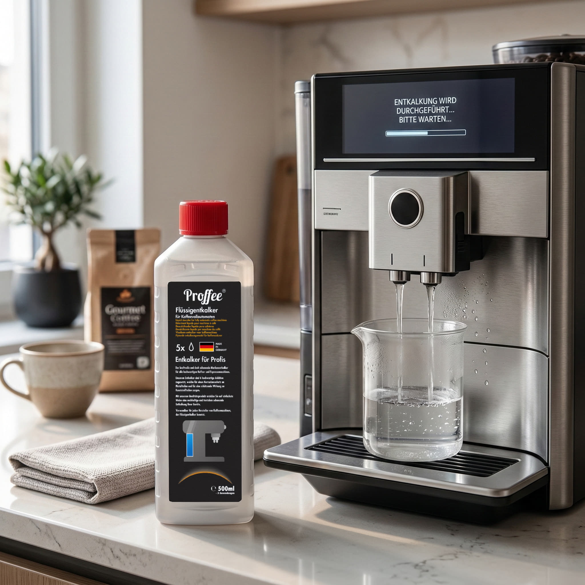 Proffee Flüssigentkalker Anwendung am Kaffeevollautomaten – Entkalkungsprogramm läuft mit Entkalkungslösung