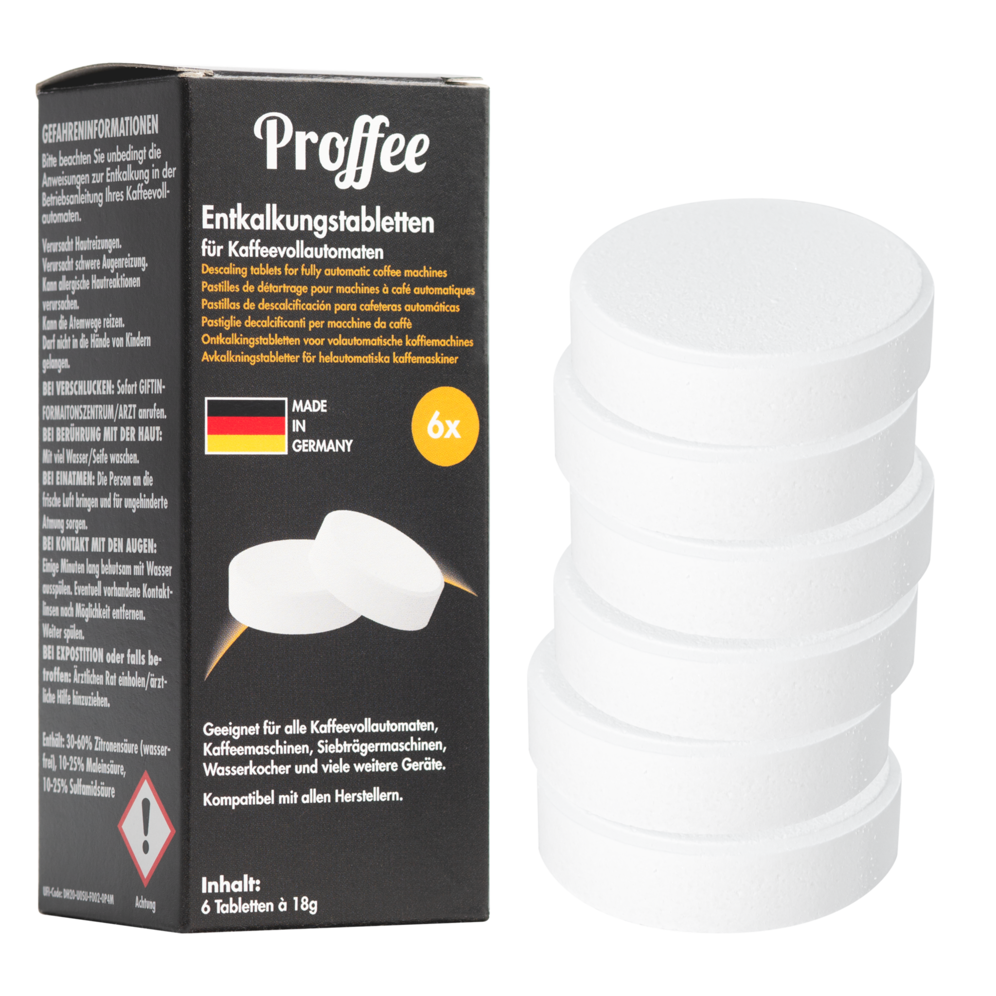 Proffee Entkalkungstabletten für Kaffeevollautomaten – Verpackung mit Tabletten