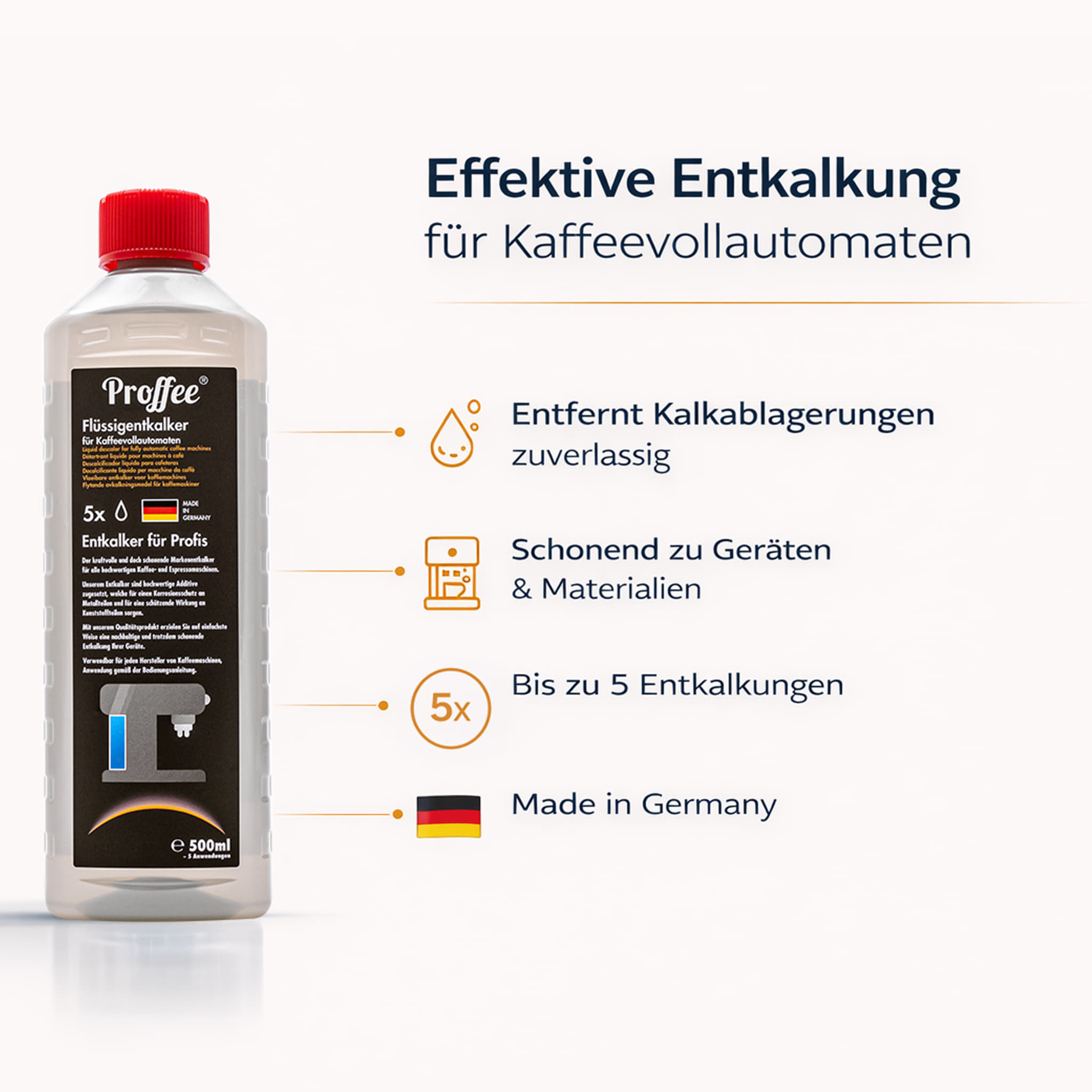 Proffee Flüssigentkalker Vorteile – entfernt Kalkablagerungen, schonend für Geräte, bis zu 5 Anwendungen, Made in Germany