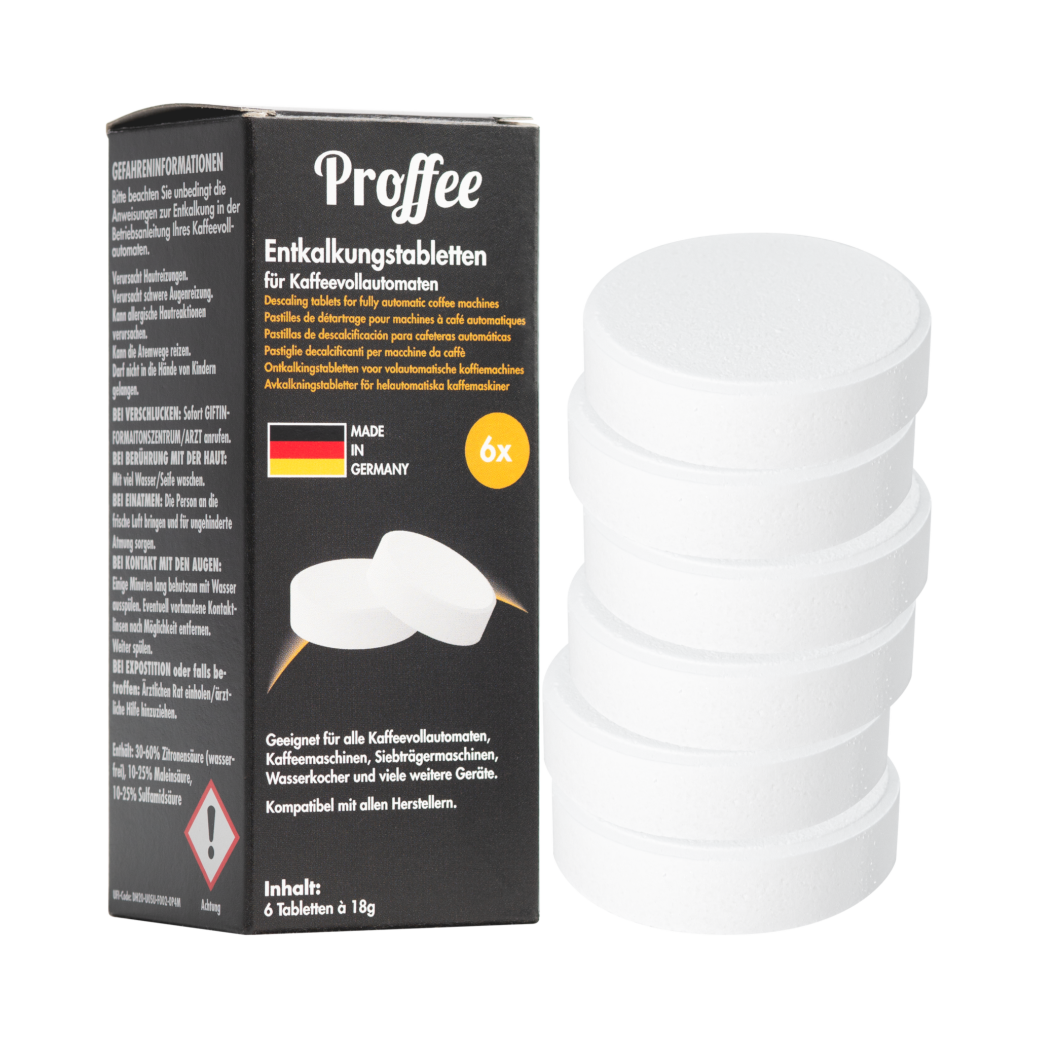 Proffee Entkalkungstabletten für Kaffeevollautomaten – Verpackung mit Tabletten