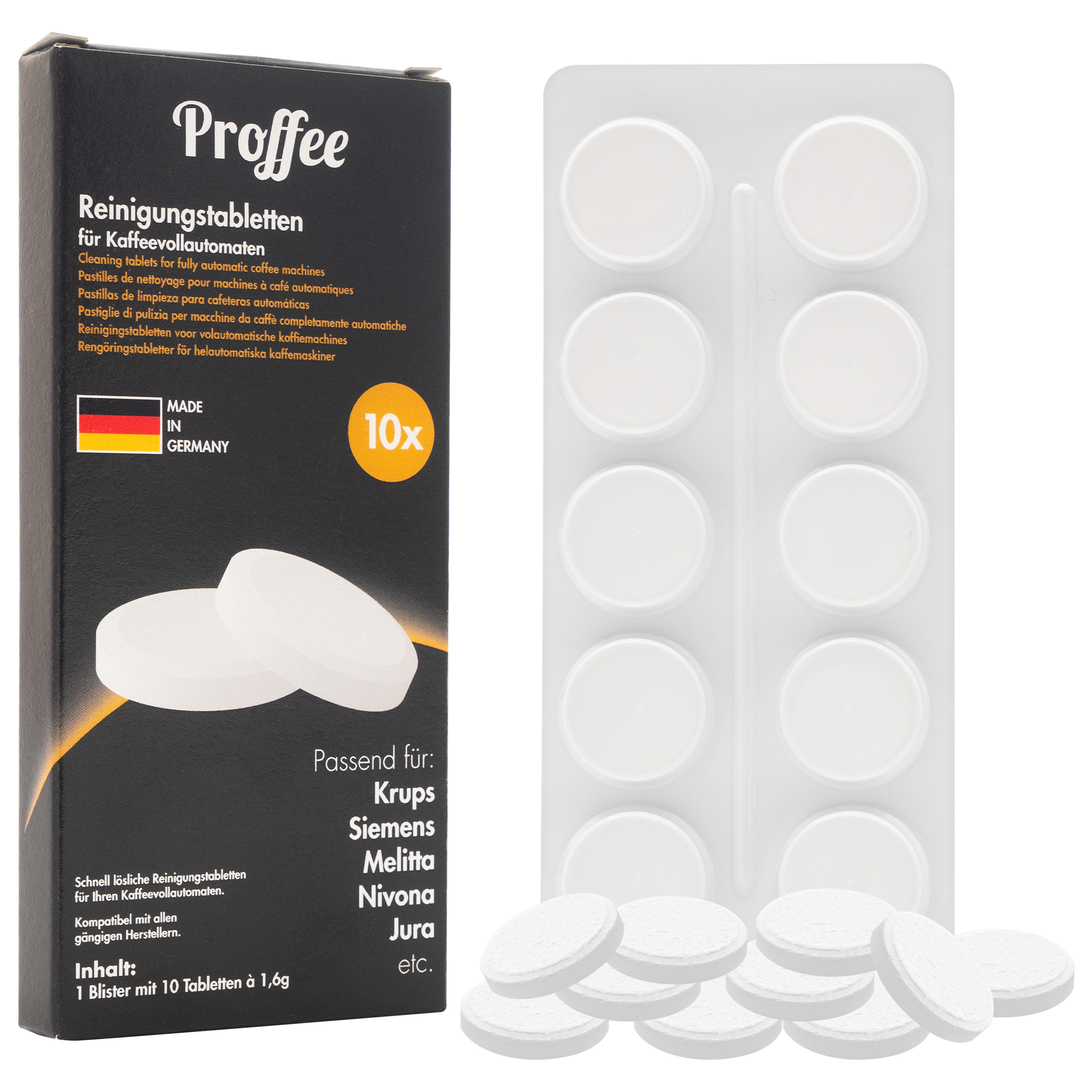 Proffee Reinigungstabletten für Kaffeevollautomaten 10 Stück – Verpackung und Tabletten